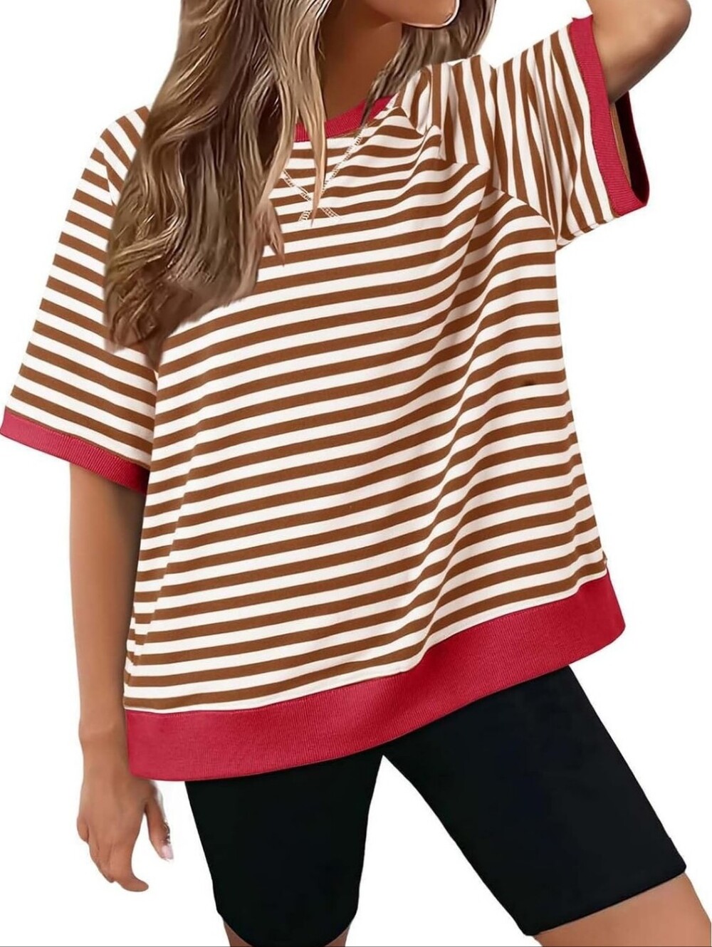 Women's Plus XXL Short-Sleeve Stripe Cotton Tee in Brown & White with Red Trim